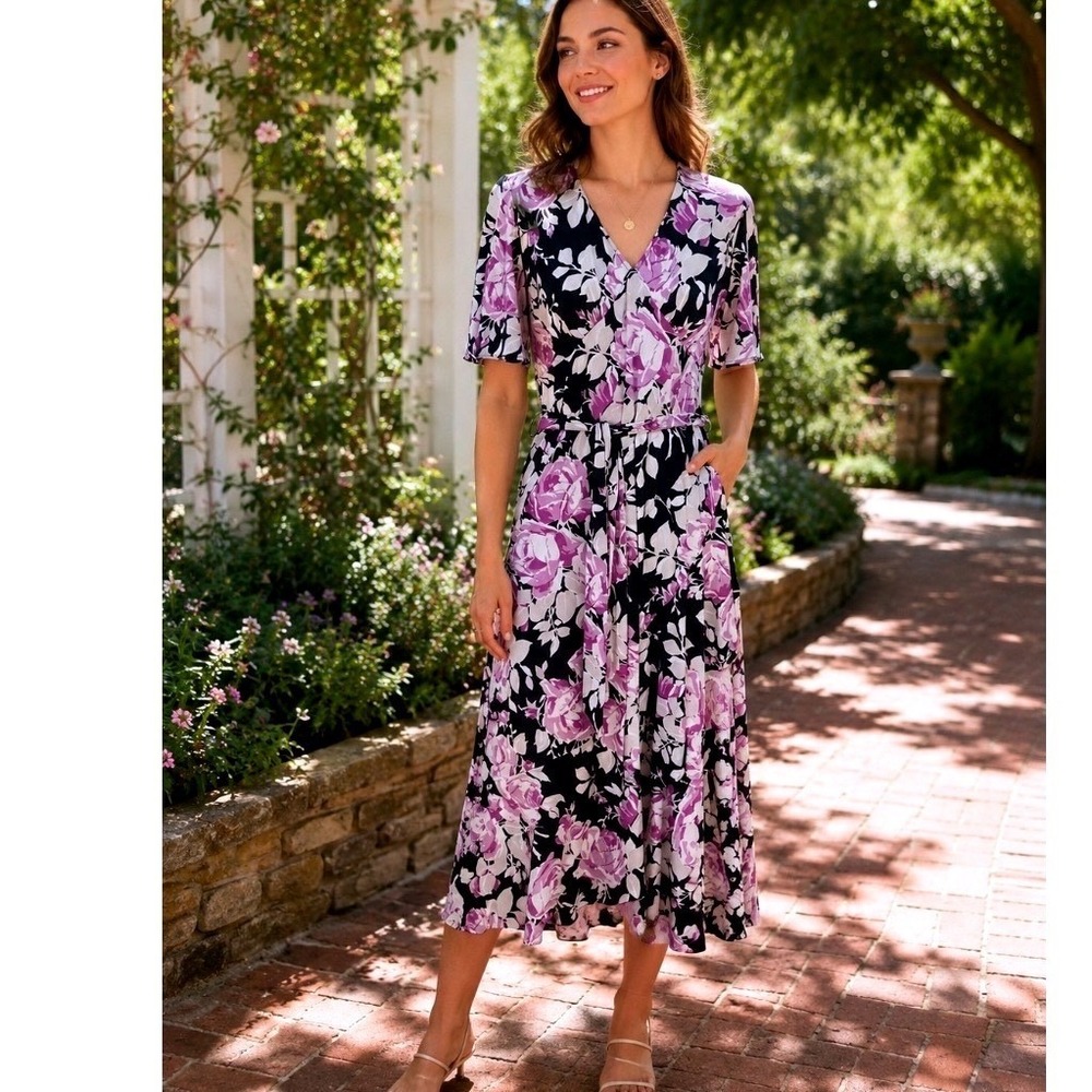 Ralph Lauren 4 Purple Floral Faux‎  Dress Ruffle Hem V-Neck Belted Black Purple
